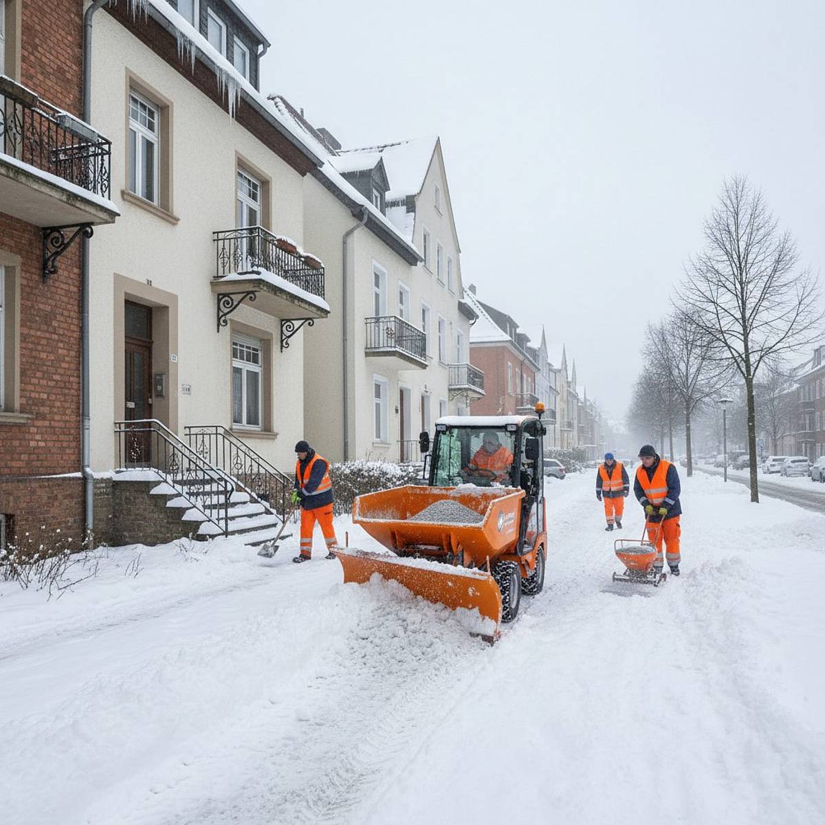Winterdienst in Aachen: Schnee bedeckte Gehwege, Traktor räumt, Salz gestreut, Zugänge gesichert.