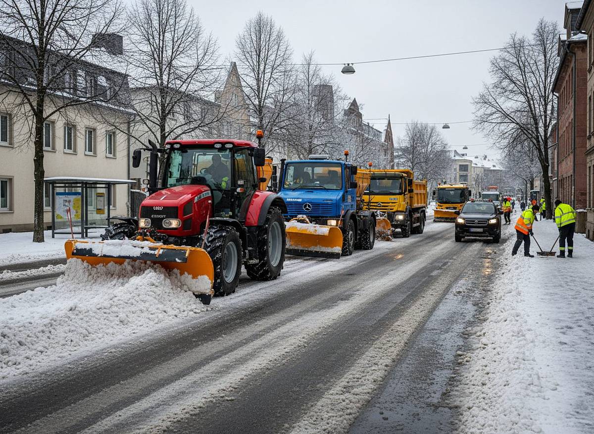 Winterdienst in Aachen: Schneepflüge, Unimogs, LKWs im Einsatz; Kehrmaschinen arbeiten.