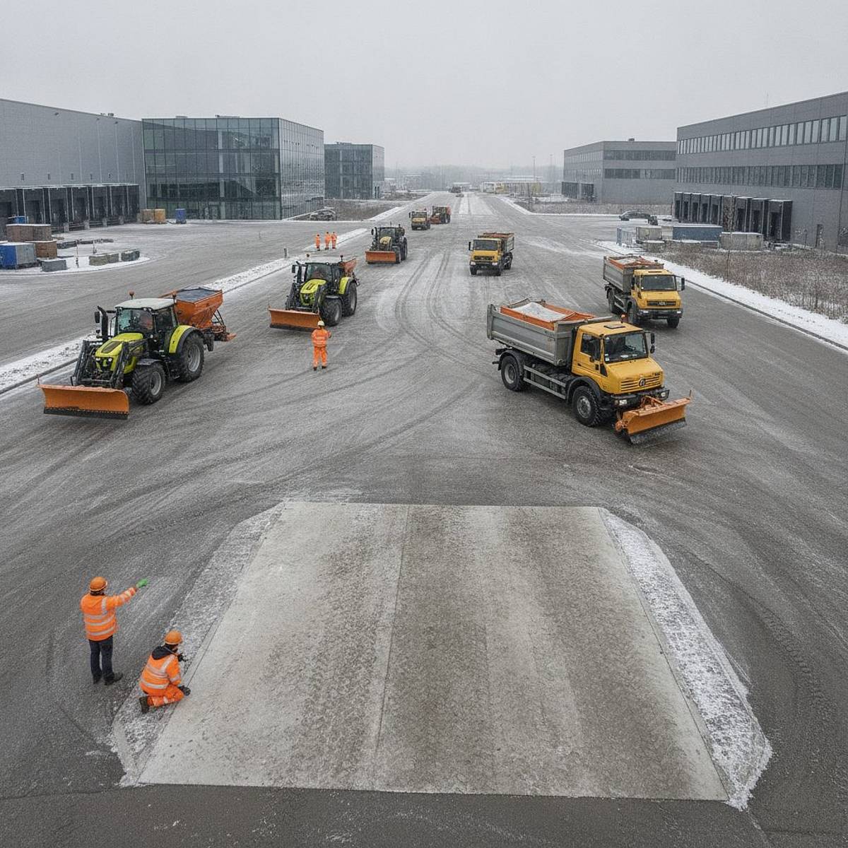 Fotorealistische Winterszene in Aachen: glatte Fahrbahnen, Räum- und Streufahrzeuge im Einsatz