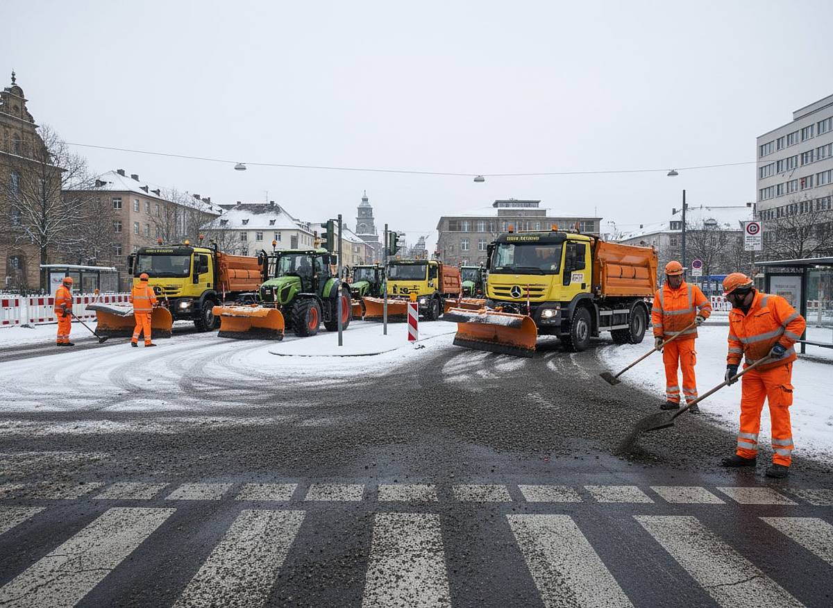 Winterdienst in Aachen: Straßen gestreut, Streuwagen-Flotte; Arbeiter in Warnkleidung an Zebrastreifen