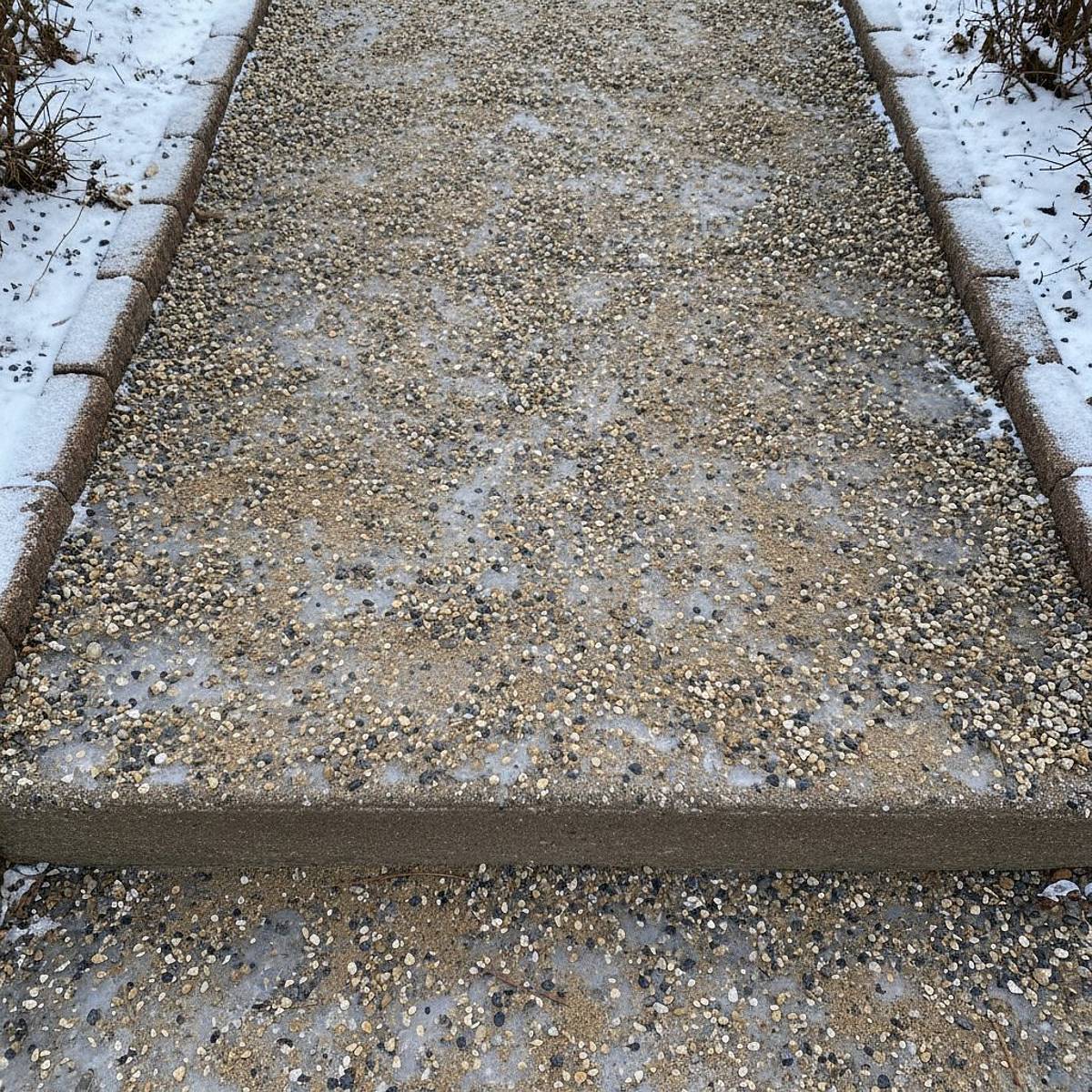 Quadratischer Schnappschuss: Winterlicher Gehweg und Stufen mit Streugut aus Sand und Splitt.
