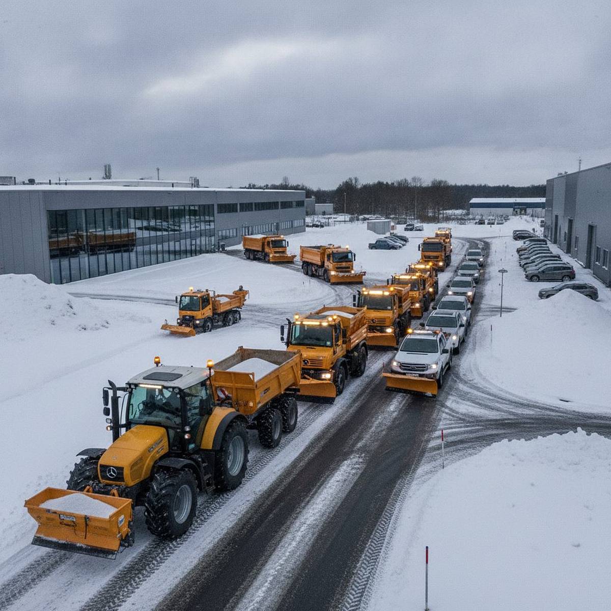 Winterdienst-Fahrzeugflotte in Aachen: Traktoren, Unimogs, LKWs, Schneepflüge.