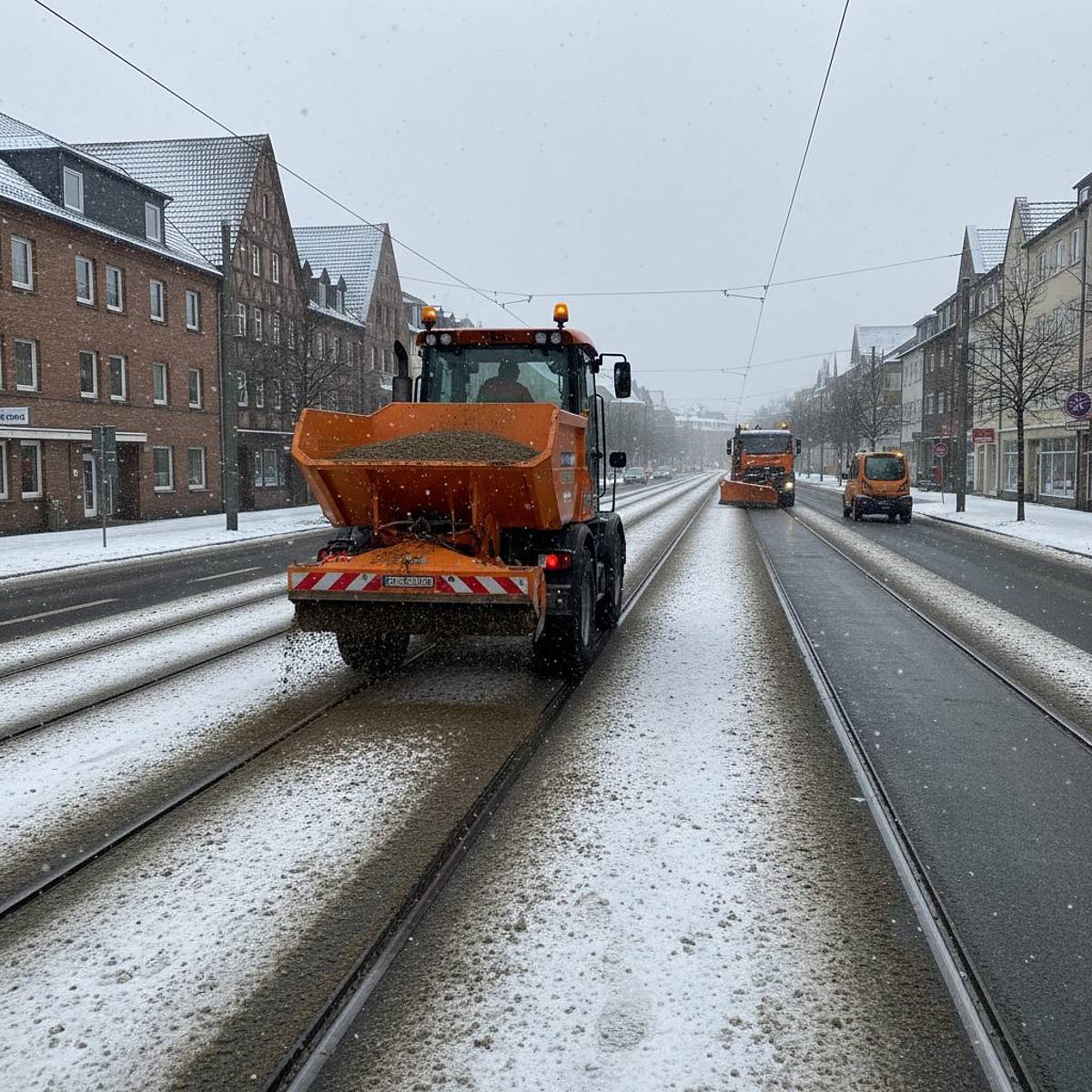 Schneebedeckte Hauptstraße in Aachen; Streufahrzeug streut Streugut, ÖPNV-Korridore, Gebäude hinten.