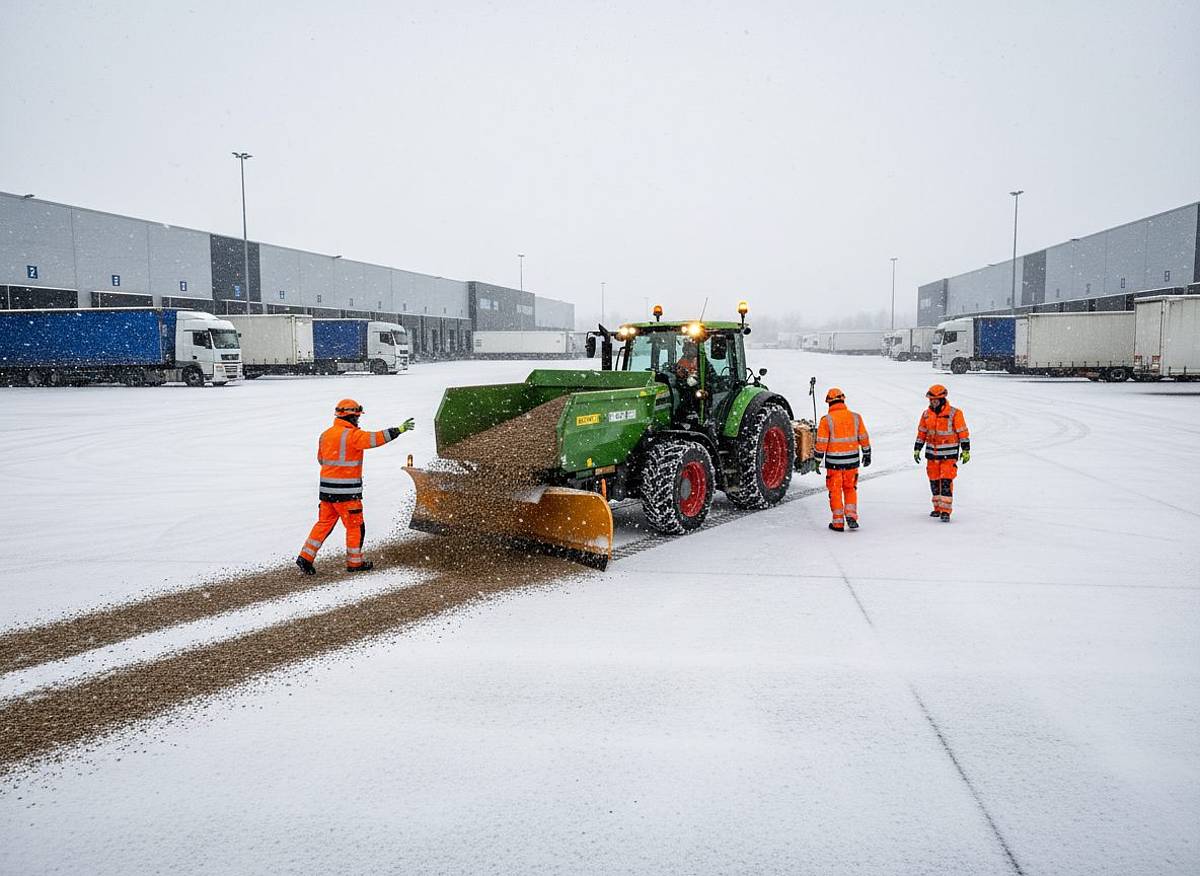 Winterdienst in Aachen: Traktor streut Splitt und Enteisung auf verschneite Logistikflächen.
