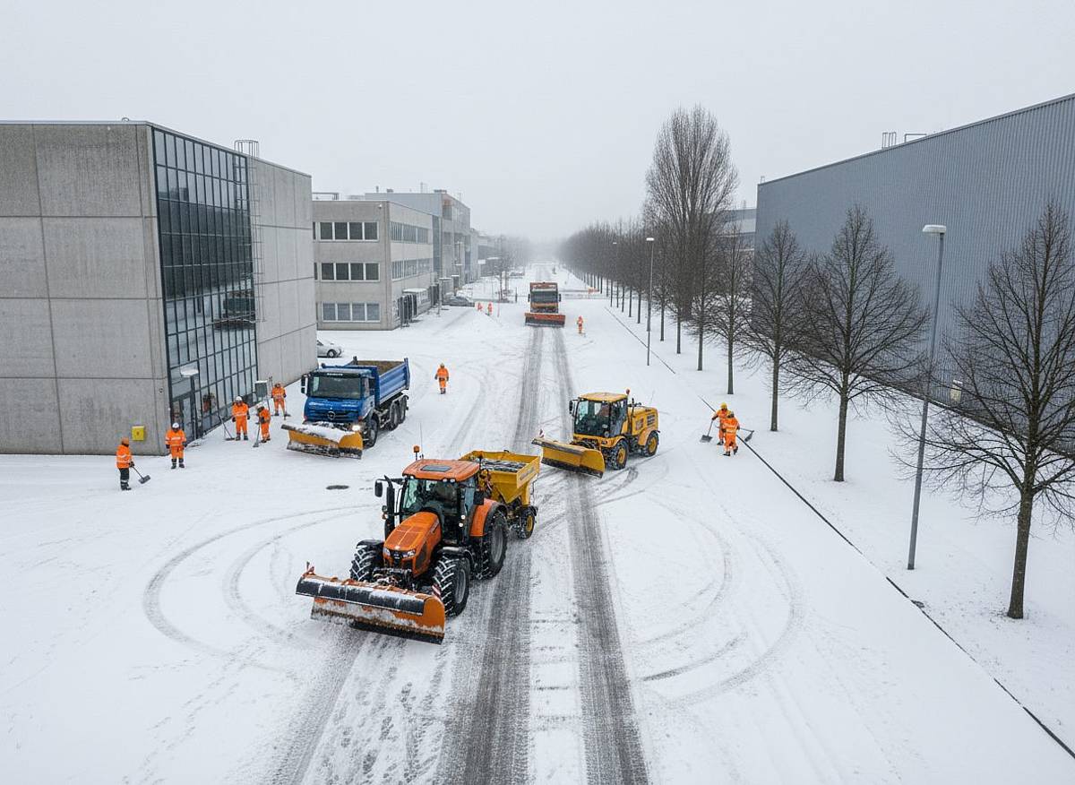 Winterdienst in Aachen: Schneepflug, Streuer, Kehrmaschinen, Unimogs, Arbeiter in Warnwesten