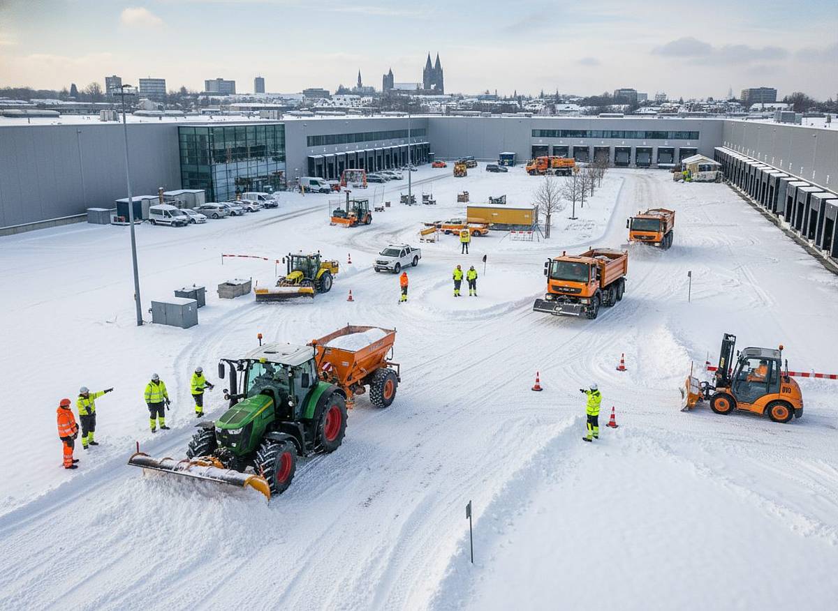 Winterdienst auf Logistikgelände in Aachen: Schneepflüge, Streuwagen, Traktoren, LKWs, Unimogs.