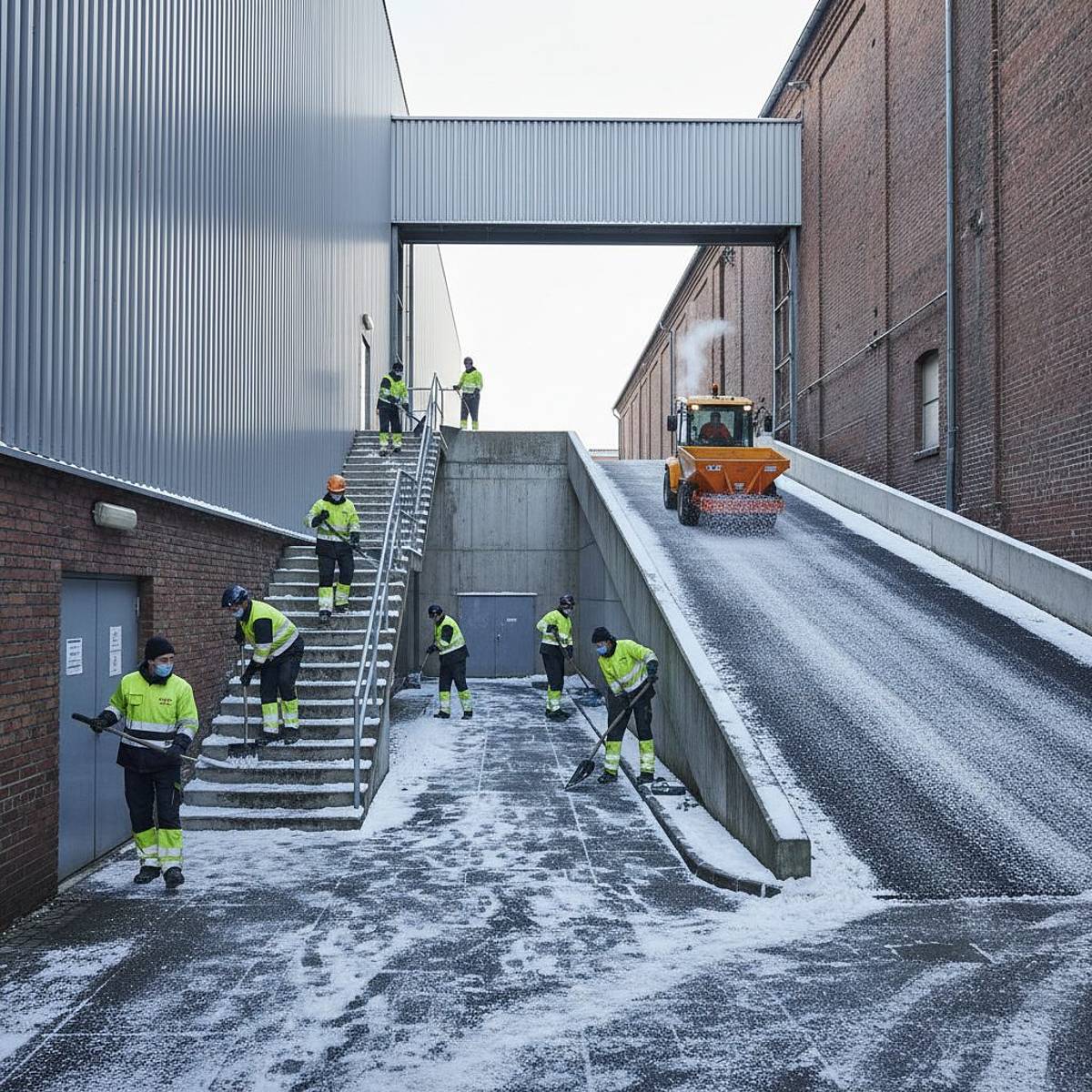 Winterdienst in Industrieanlage: Arbeiter schaufeln Treppen, Wege frei, Streugut verteilt.