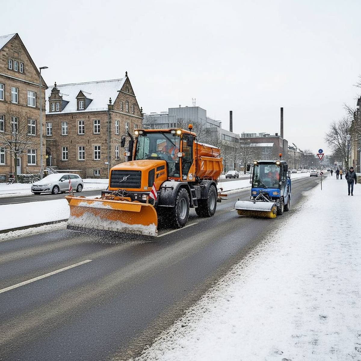 Schneeräumfahrzeug mit Streuer räumt winterliche Straßen in Aachen
