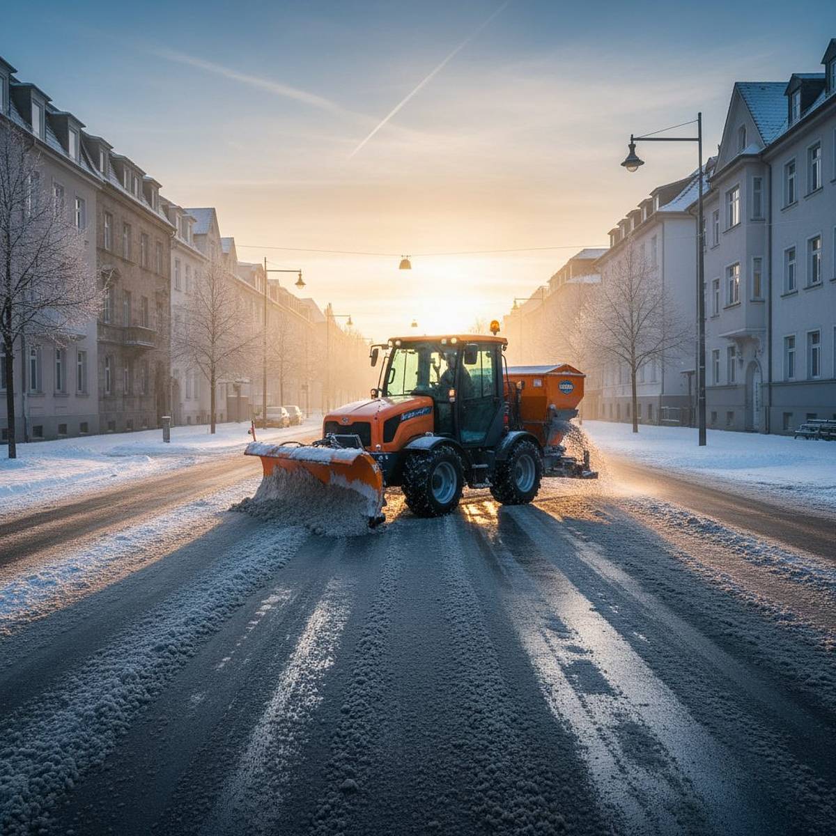 Traktor mit Schneepflug und Salzstreuer im Winterdienst in Aachen - Morgenslicht, verschneite Straßen.