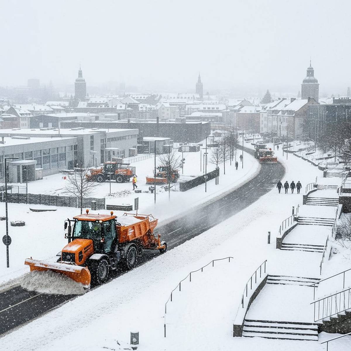 Winterdienst in Aachen: Traktor-Dumper räumt Hauptstraße bei Schnee, Salzstreuer läuft.