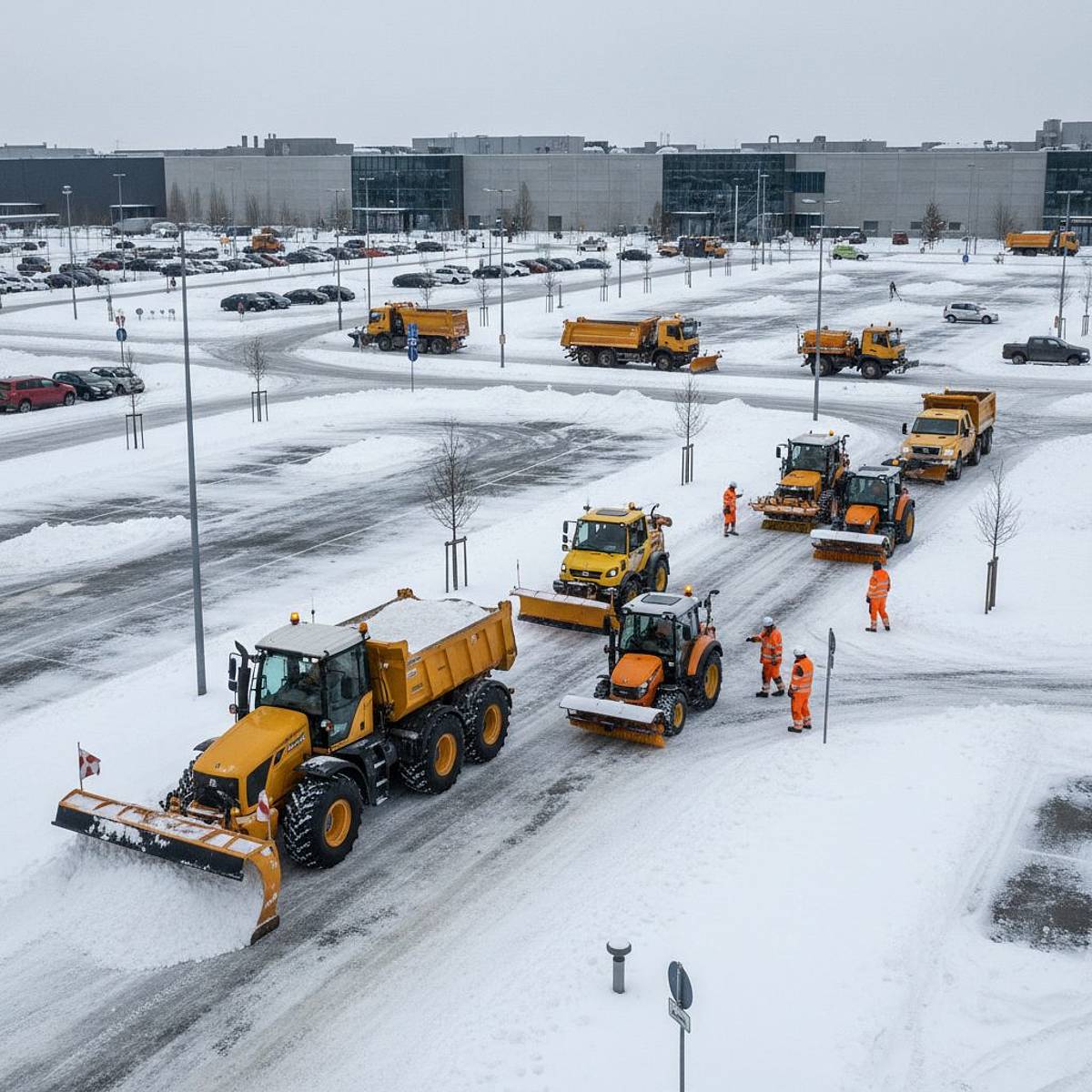 Winterdienst in Aachen: vielfältige Fahrzeuge räumen Parkplätze und Wege am Industriegebiet.