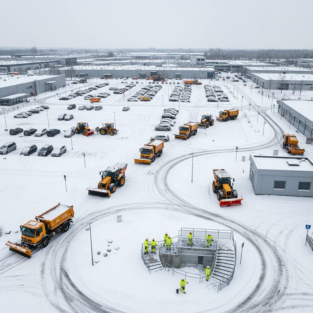 Winterdienst auf Aachen-Industriegelände: Räumfahrzeuge, Arbeiter in Warnkleidung, Schnee.