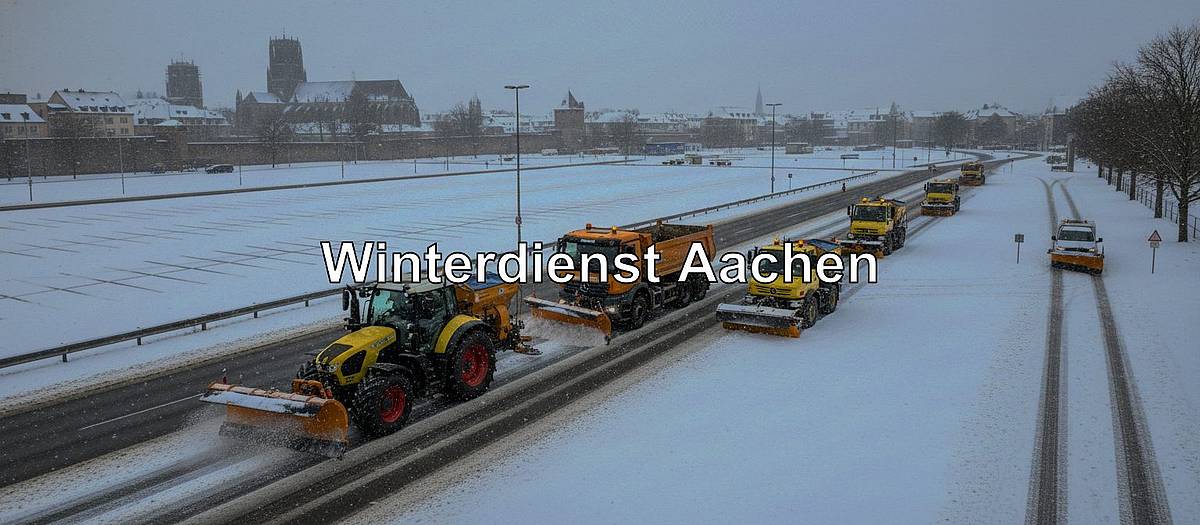 Winterdienst in Aachen: Fuhrpark räumt und streut Straßen, Parkflächen; Aachener Dom im Hintergrund.