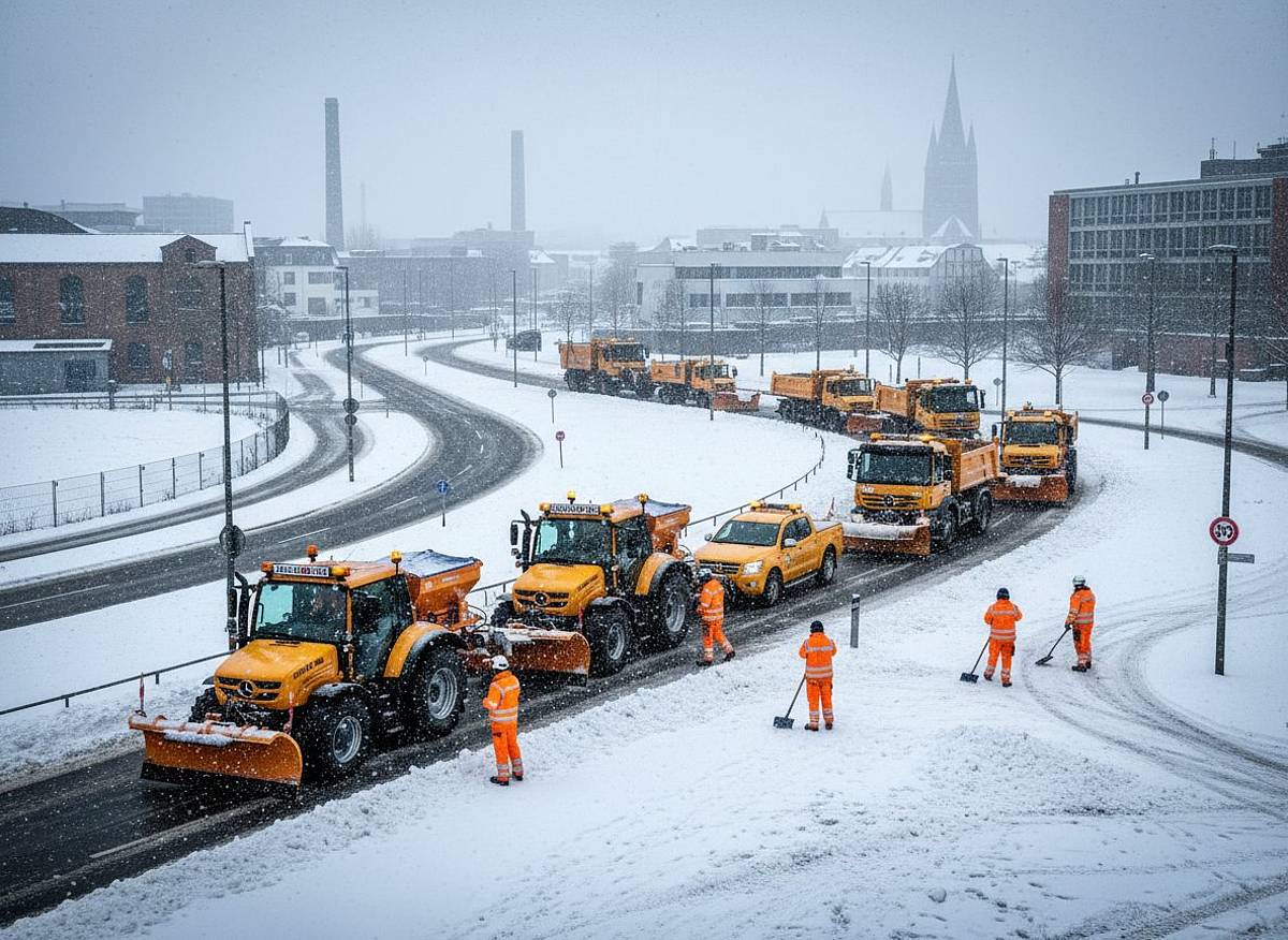 Winterdienst-Flotte koordiniert Prioritätswege zu kritischen Einrichtungen; Personal in Warnkleidung.