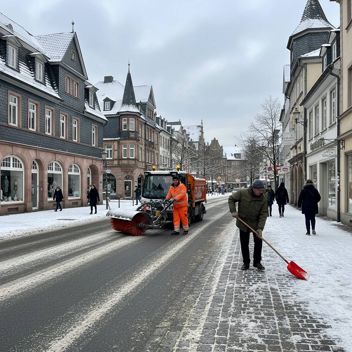 Winterliche Aachen-Straßenszene: verschneite Gehwege, Räumfahrzeug, Inhaber schaufelt, Passanten