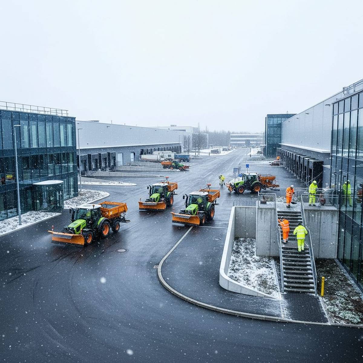 Winterdienst in Aachen: Flotte Traktoren-Dumper räumt Schnee, streut Streugut; Arbeiter in Warnwesten.