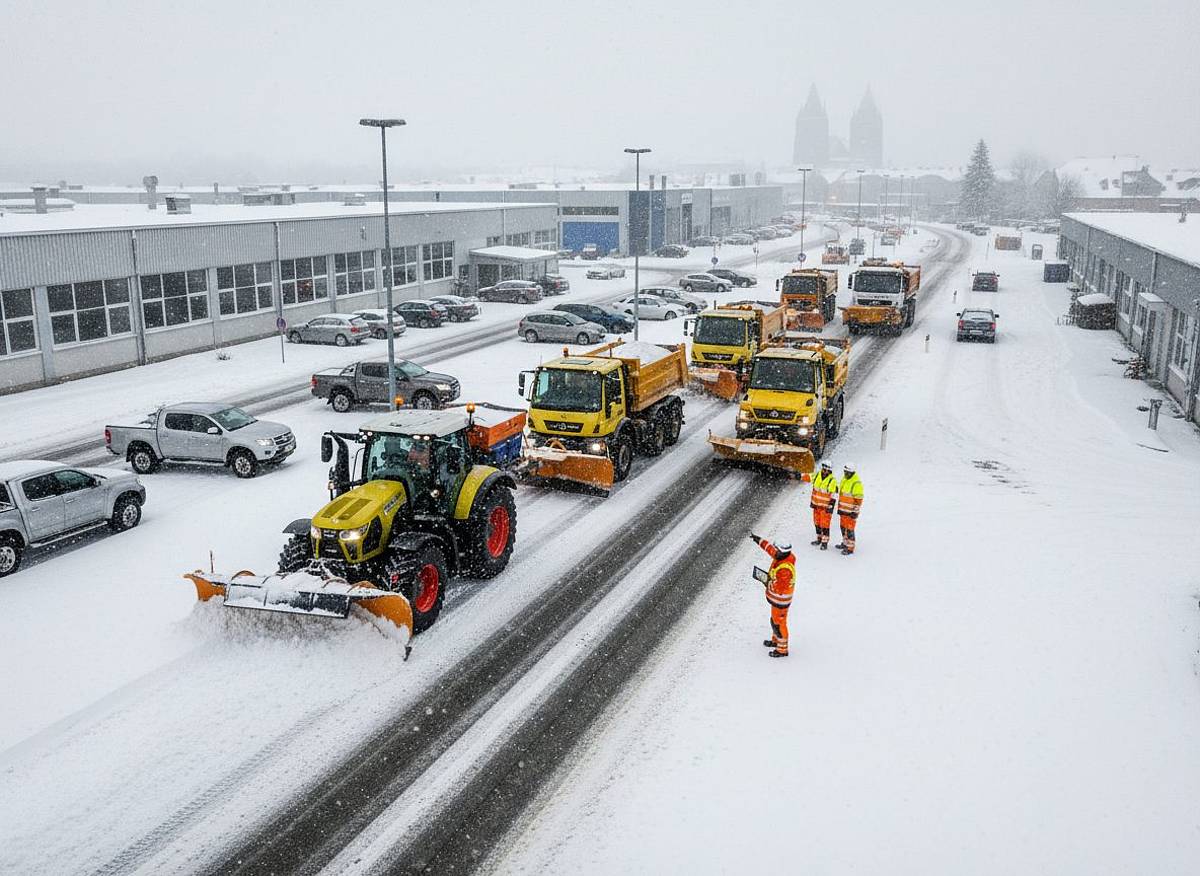 Schnee-Räumung in Aachen: Großer Fuhrpark räumt Straßen und Parkplätze, Arbeiter in Warnkleidung.